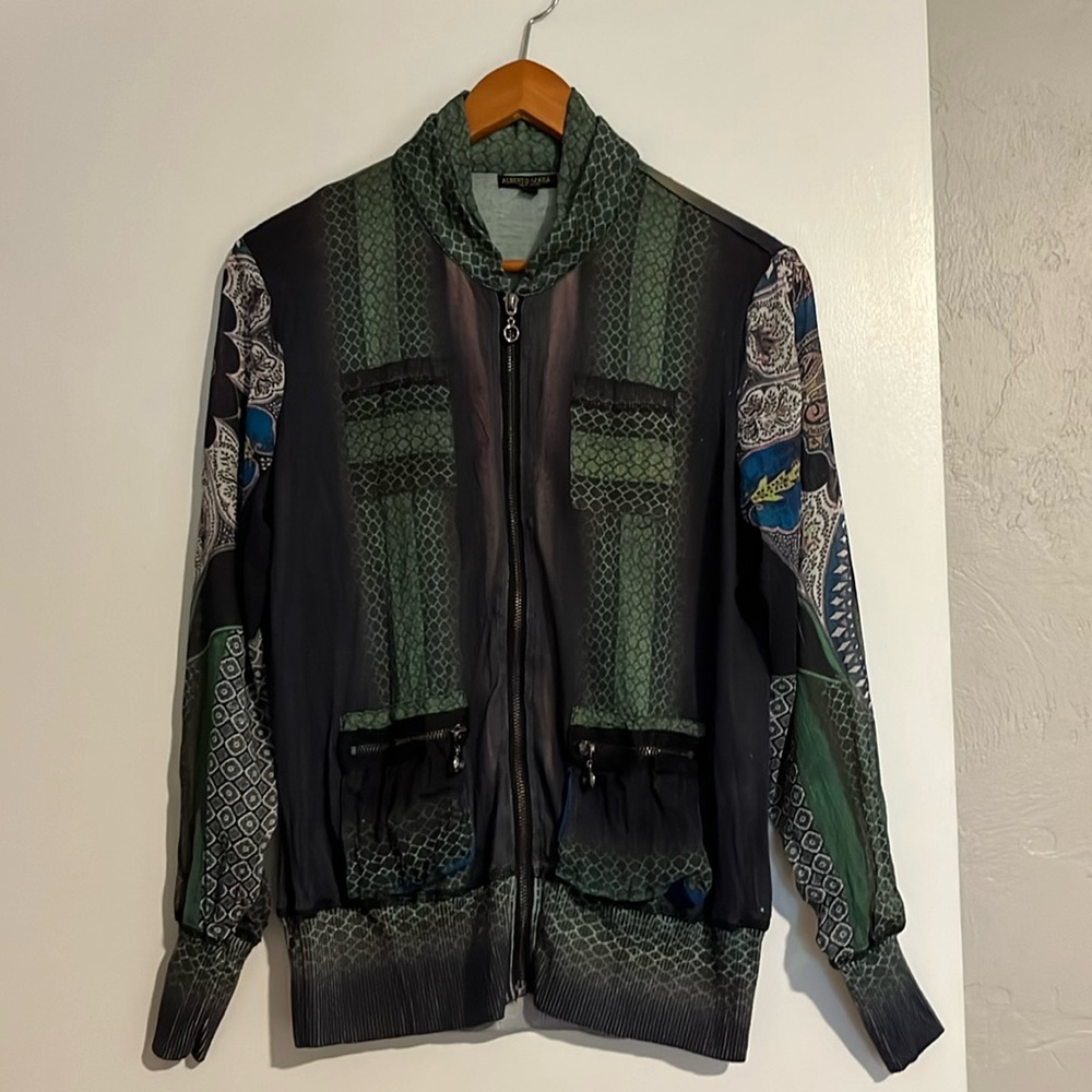 Alberto Makali New York zipper jacket gauze see thru sleeves with stretch cuffs.
